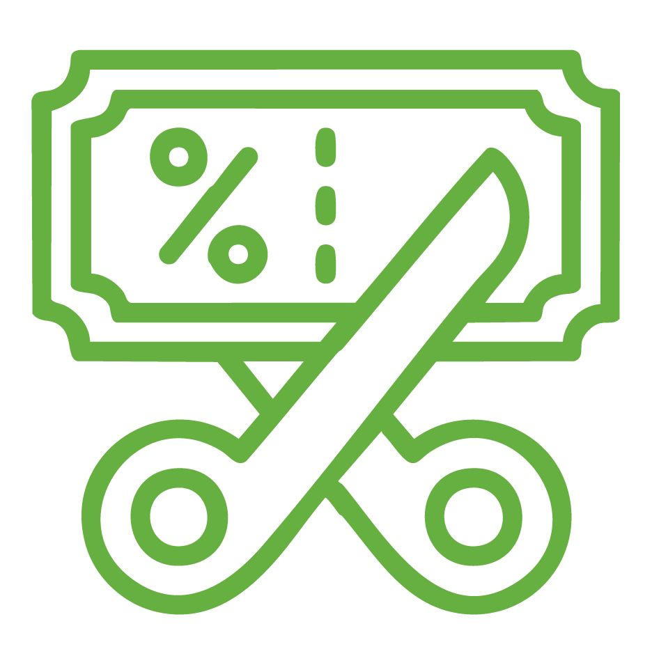 Scissors cutting a coupon icon, representing cost savings and value recovery.