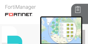 A laptop displaying Fortinet's FortiManager Cloud dashboard.