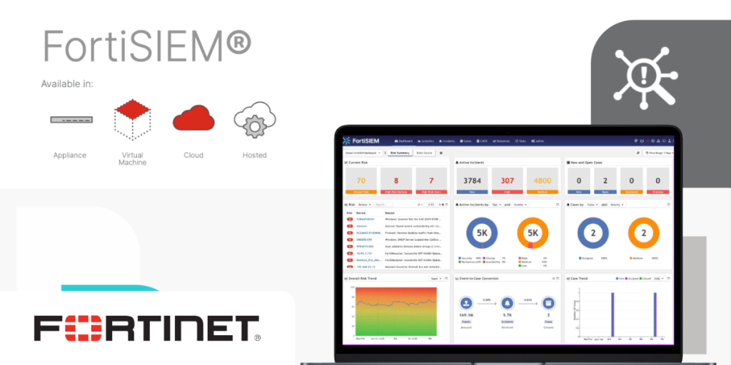 A laptop displaying Fortinet's FortiSIEM Cloud dashboard.