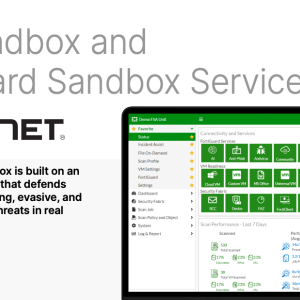 A laptop displaying Fortinet's FortiSandbox Cloud dashboard.