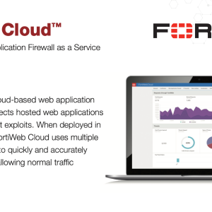 A laptop displaying Fortinet's FortiWeb Cloud dashboard.