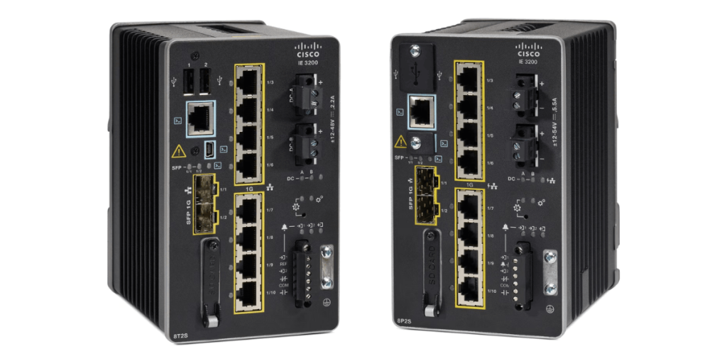 Cisco industrial IE3200-8P2S and IE3200-8T2S ruggedised network switches.